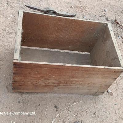 Wooden crate / Box with three vintage pickaxe heads - each a different style