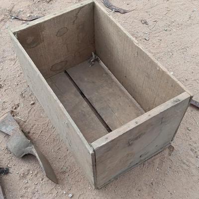Wooden crate / Box with three vintage pickaxe heads - each a different style