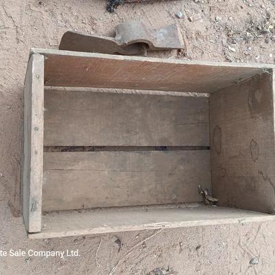 Wooden crate / Box with three vintage pickaxe heads - each a different style