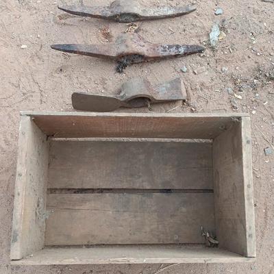 Wooden crate / Box with three vintage pickaxe heads - each a different style