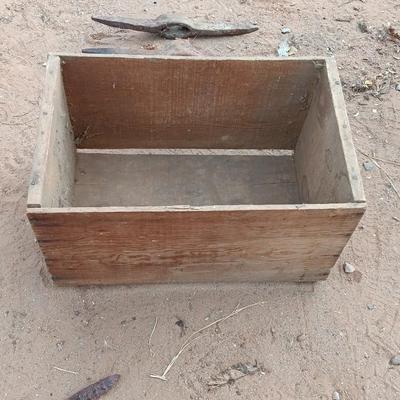 Wooden crate / Box with three vintage pickaxe heads - each a different style