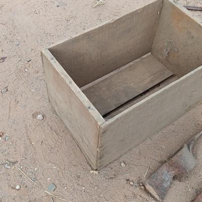 Wooden crate / Box with three vintage pickaxe heads - each a different style