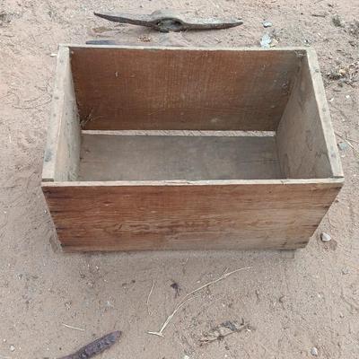 Wooden crate / Box with three vintage pickaxe heads - each a different style