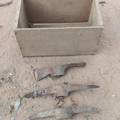 Wooden crate / Box with three vintage pickaxe heads - each a different style