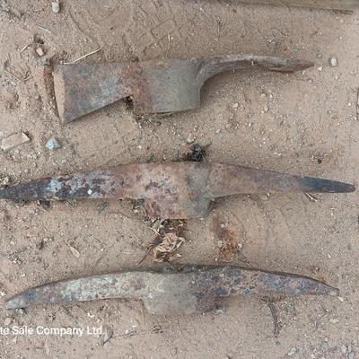 Wooden crate / Box with three vintage pickaxe heads - each a different style
