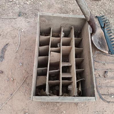 Wooden crate / box with assortment of vintage farm tool heads