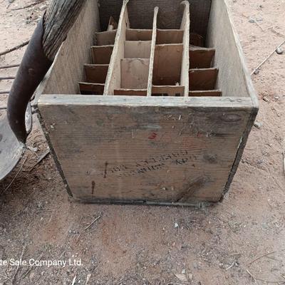 Wooden crate / box with assortment of vintage farm tool heads