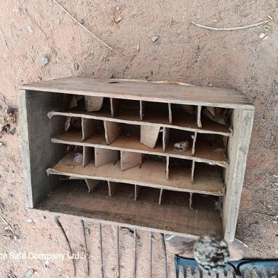 Wooden crate / box with assortment of vintage farm tool heads