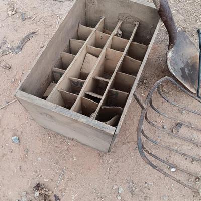 Wooden crate / box with assortment of vintage farm tool heads