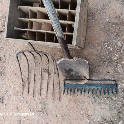 Wooden crate / box with assortment of vintage farm tool heads