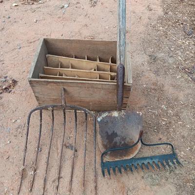 Wooden crate / box with assortment of vintage farm tool heads