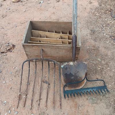 Wooden crate / box with assortment of vintage farm tool heads