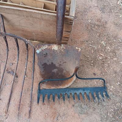 Wooden crate / box with assortment of vintage farm tool heads