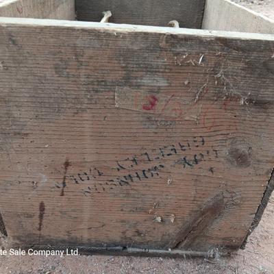 Wooden crate / box with assortment of vintage farm tool heads