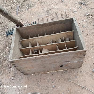 Wooden crate / box with assortment of vintage farm tool heads