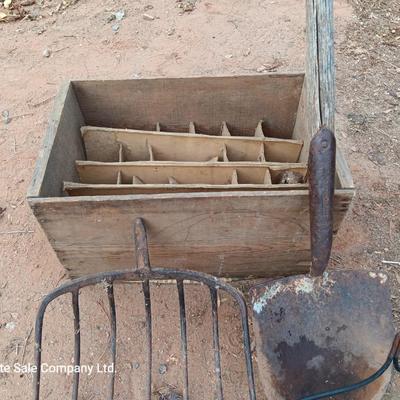 Wooden crate / box with assortment of vintage farm tool heads