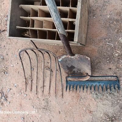 Wooden crate / box with assortment of vintage farm tool heads