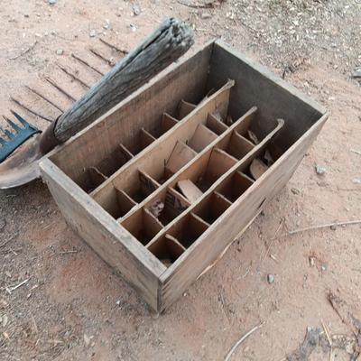 Wooden crate / box with assortment of vintage farm tool heads