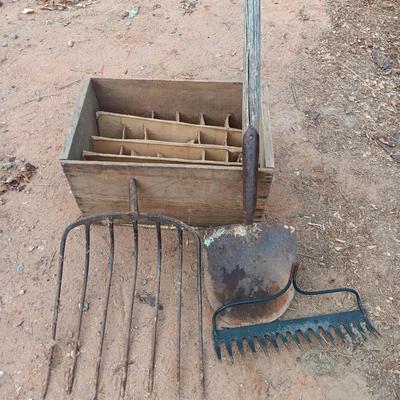 Wooden crate / box with assortment of vintage farm tool heads