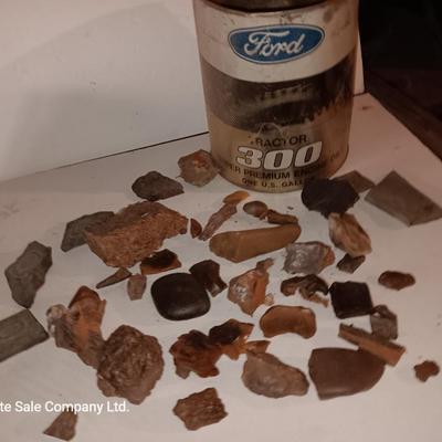 Rock collection in an old Ford metal can