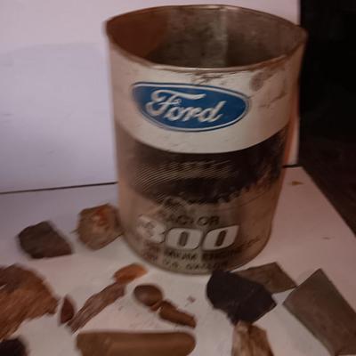 Rock collection in an old Ford metal can