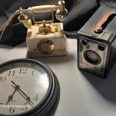 Sterling & Nobel wall clock - Audition telephone radio = and a Brownie Junior six - 16 camera