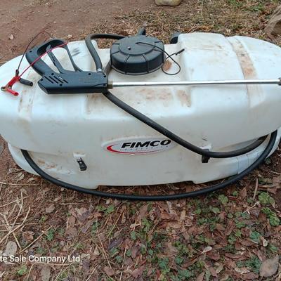 Working Fimco pesticide spray tank with high flo gold series pump and wand four-wheel mount