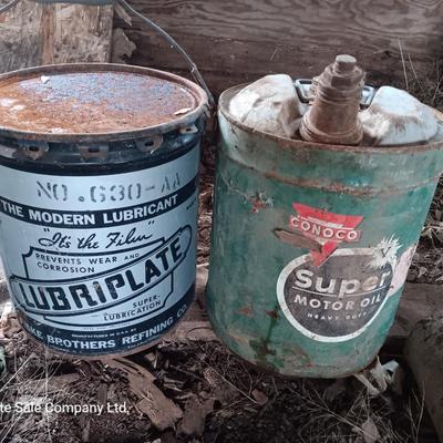 Two vintage metal oil cans - and a metal bucket