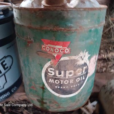 Two vintage metal oil cans - and a metal bucket