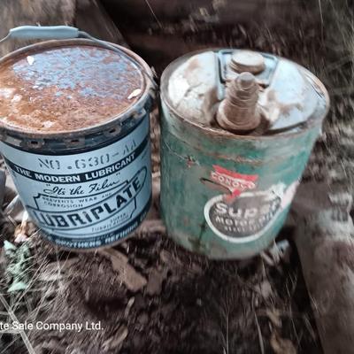 Two vintage metal oil cans - and a metal bucket