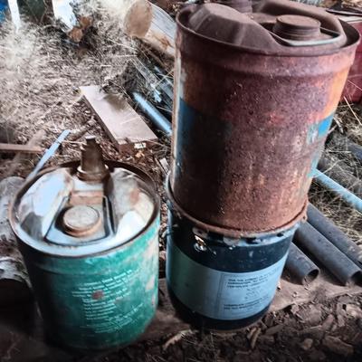 Two vintage metal oil cans - and a metal bucket