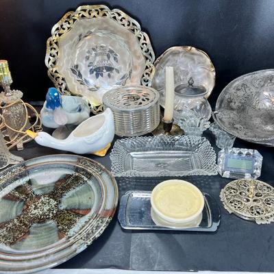 Silver plated antiques, ceramic and glassware