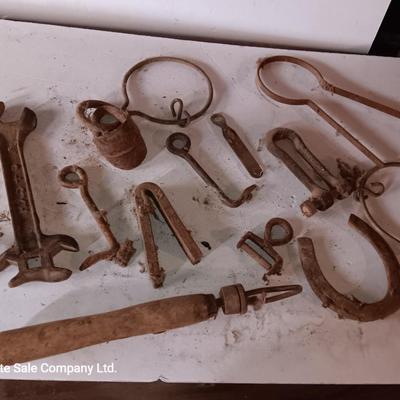 Wooden crate / box with an assortment of vintage hardware and antique wrench