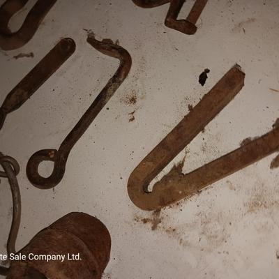 Wooden crate / box with an assortment of vintage hardware and antique wrench