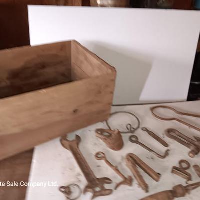 Wooden crate / box with an assortment of vintage hardware and antique wrench