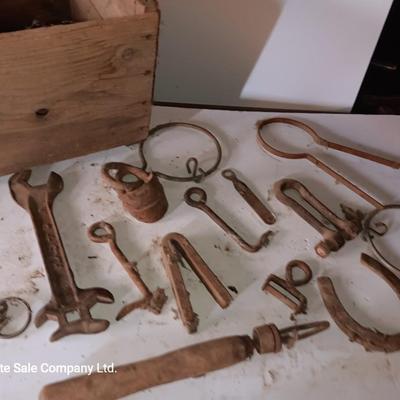 Wooden crate / box with an assortment of vintage hardware and antique wrench