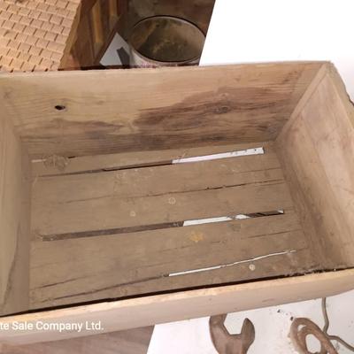 Wooden crate / box with an assortment of vintage hardware and antique wrench