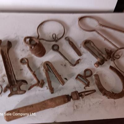 Wooden crate / box with an assortment of vintage hardware and antique wrench
