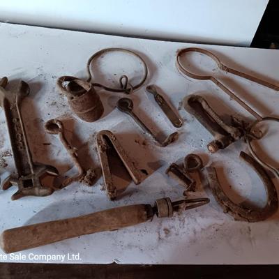 Wooden crate / box with an assortment of vintage hardware and antique wrench