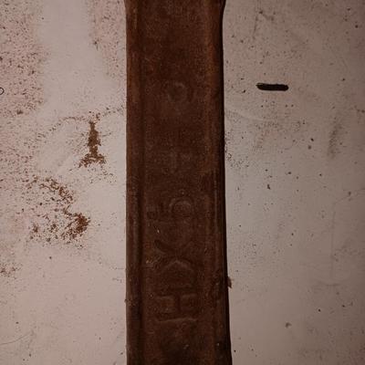 Wooden crate / box with an assortment of vintage hardware and antique wrench