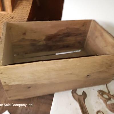 Wooden crate / box with an assortment of vintage hardware and antique wrench