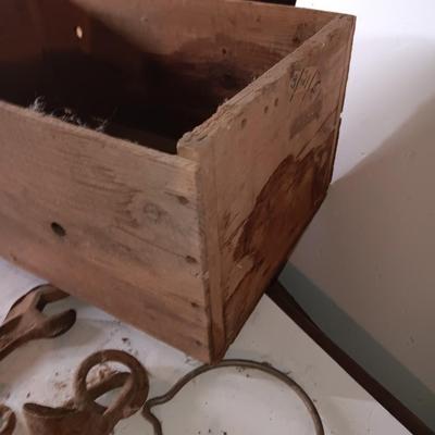 Wooden crate / box with an assortment of vintage hardware and antique wrench