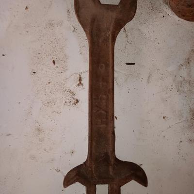 Wooden crate / box with an assortment of vintage hardware and antique wrench