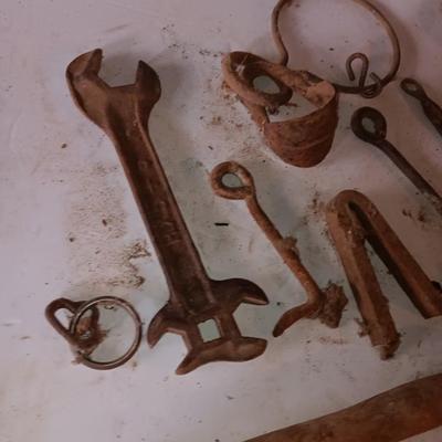 Wooden crate / box with an assortment of vintage hardware and antique wrench