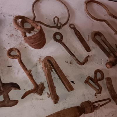 Wooden crate / box with an assortment of vintage hardware and antique wrench