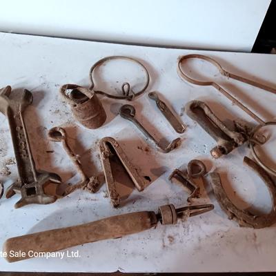 Wooden crate / box with an assortment of vintage hardware and antique wrench