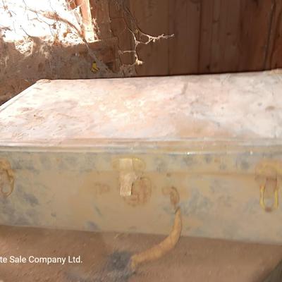 Two metal cans and an antique tin suitcase