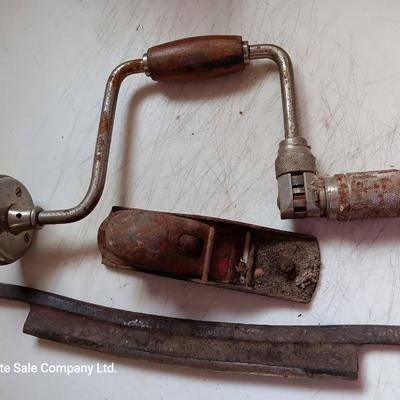 Vintage hand tools - planer = drill - and drawknife