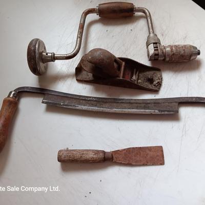 Vintage hand tools - planer = drill - and drawknife