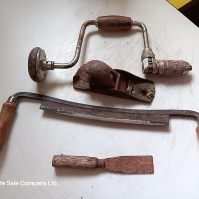Vintage hand tools - planer = drill - and drawknife